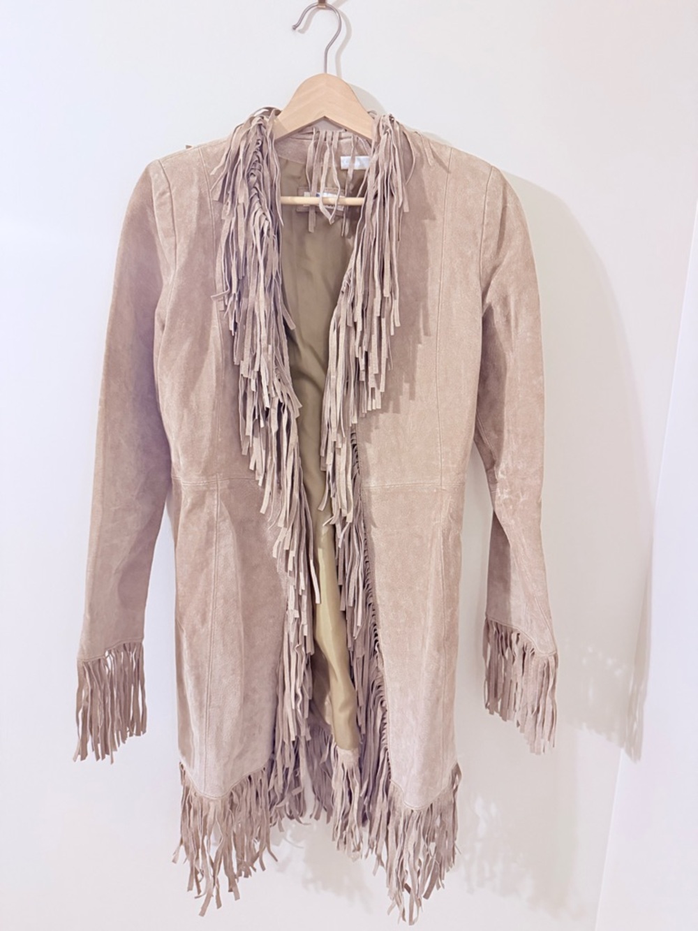 VINTAGE • Fringed Suede Open Front Jacket - Beige